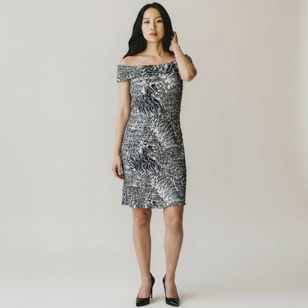 Samuel Dong Animal Print Snow Leopard Tiered Off Shoulder Dress Size Large